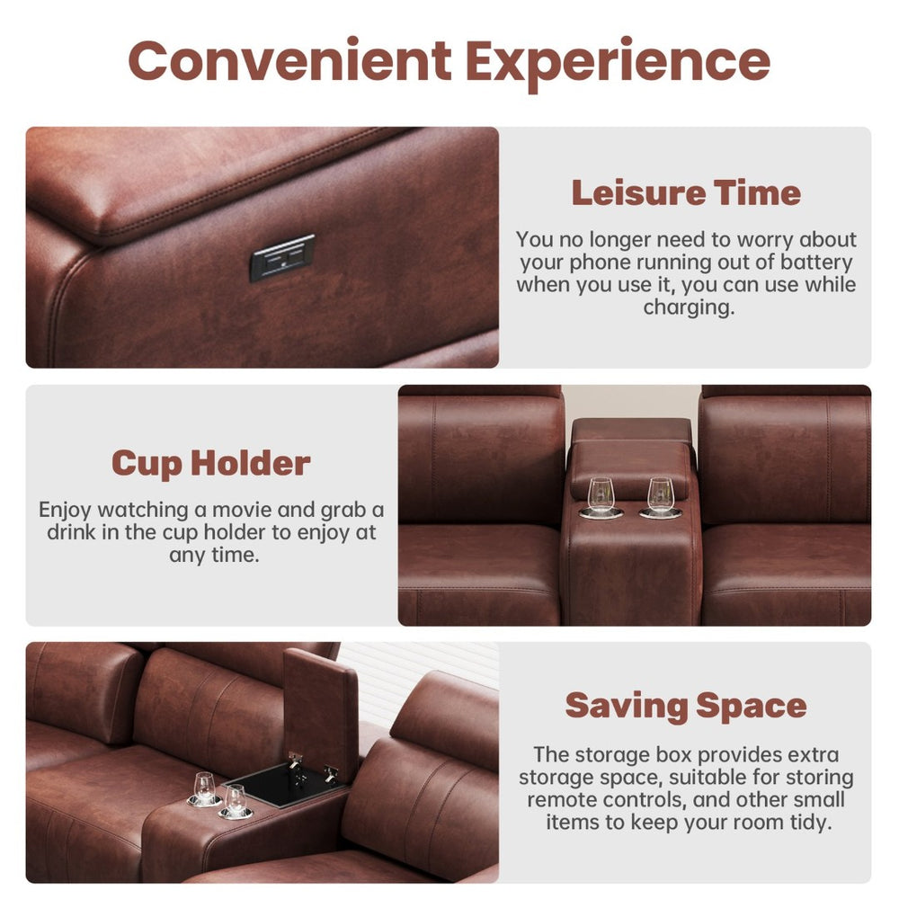 English Elm Power Reclining Sectional Sofa 4 Seat Faux Leather with Usb Ports and Storage Console W3795S00012