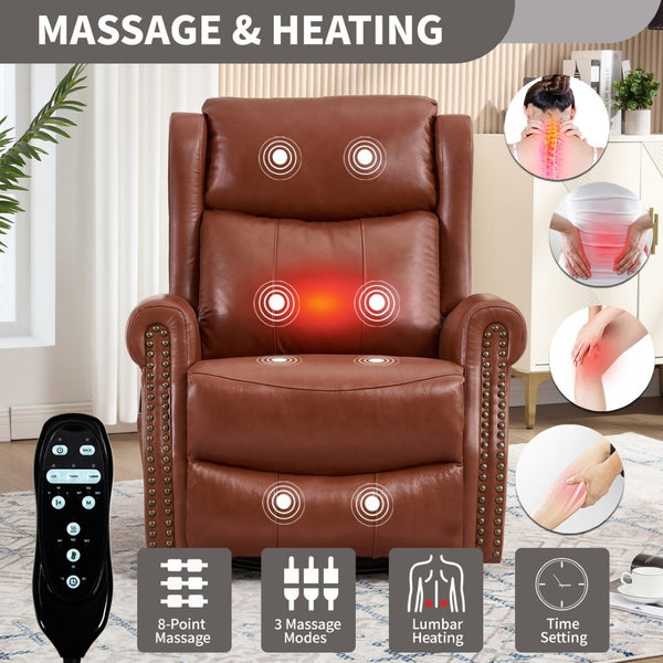 English Elm Heat Massage Rocker Recliner Genuine Leather Swivel Chair with Lumbar Vibration Nodes W3224S00016