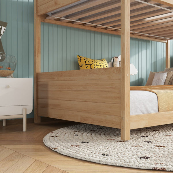 English Elm Twin House Floor Bunk Bed – Charming Rubberwood Design With Safety Guardrails, Ladder & White Oak Finish W504P227973-GIGA