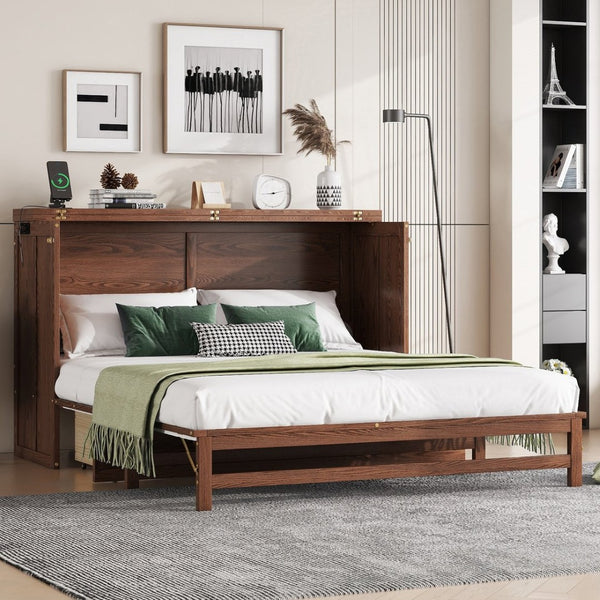 English Elm Murphy Cabinet Queen Bed Solid Pine Frame with Built-in Charging Station for Guest Rooms Walnut W504S00165