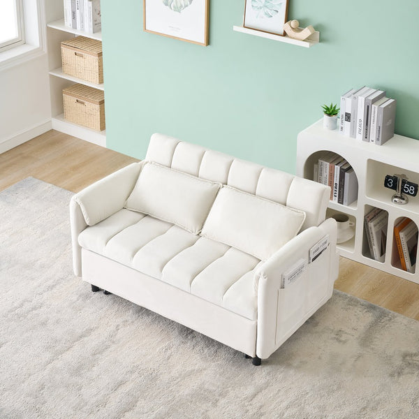 English Elm 52 Beige Modern Velvet Sofa Pullout Bed, 3-in-1 Convertible 52" Loveseat for Small Spaces, Pillows & Storage Pockets W1658P266333