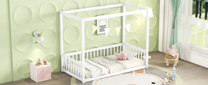 English Elm Twin Canopy Frame Floor Bed With Guardrails – Charming White Design For Cozy Kids' Rooms & Playtime W504P143278-GIGA
