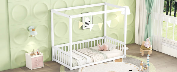 English Elm Twin Canopy Frame Floor Bed With Guardrails – Charming White Design For Cozy Kids' Rooms & Playtime W504P143278-GIGA