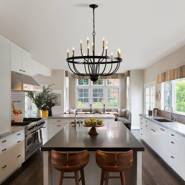 English Elm 15-light Industrial Farmhouse Chandelier Matte Black Iron Gold Candelabra Dining Foyer W5008P479818
