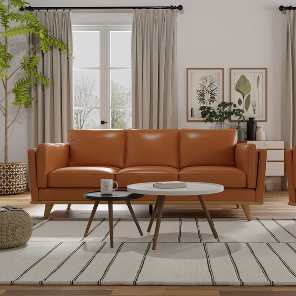 English Elm Modern Leather Sofa Solid Wood Base Low Profile Contemporary Living Room Seating B193P200170