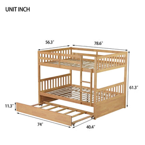 English Elm Full Over Solid Rubberwood Bunk Bed with Trundle Converts to Two Separate Beds W504S00293