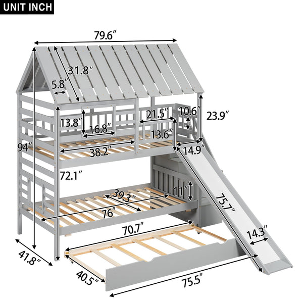 English Elm Twin Twin over Twin House Bunk Bed with Trundle, Slide and Storage Staircase, Playhouse Design Securely Gray SM000931AAE