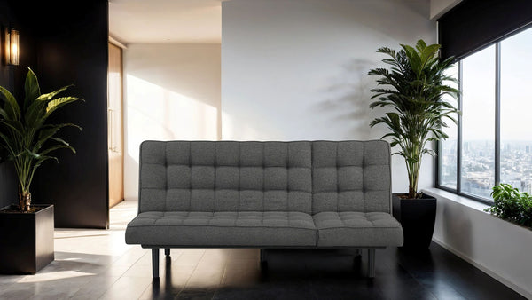 English Elm Dark Gray Futon Sofa With Biscuit Tufting – Adjustable Headrest, Converts To Chaise Or Bed Comfortably B2741P314816
