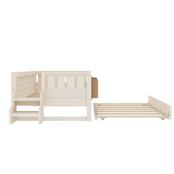 English Elm Twin Kids Platform Bed with Trundle Staircase Bookshelf and Rounded Safety Rails Beige W1580S00556