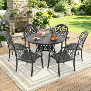 English Elm 7-piece Cast Aluminum Outdoor Dining Set Ornate Floral Patio Furniture Seats Six W1710S00621
