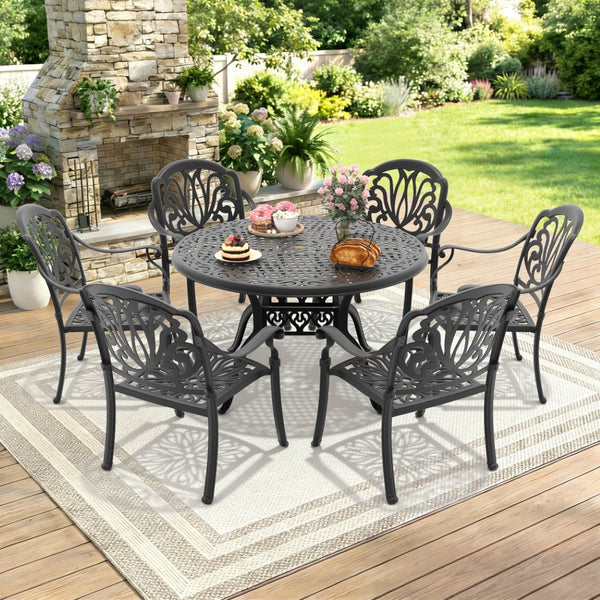 English Elm 7-piece Cast Aluminum Outdoor Dining Set Ornate Floral Patio Furniture Seats Six W1710S00621
