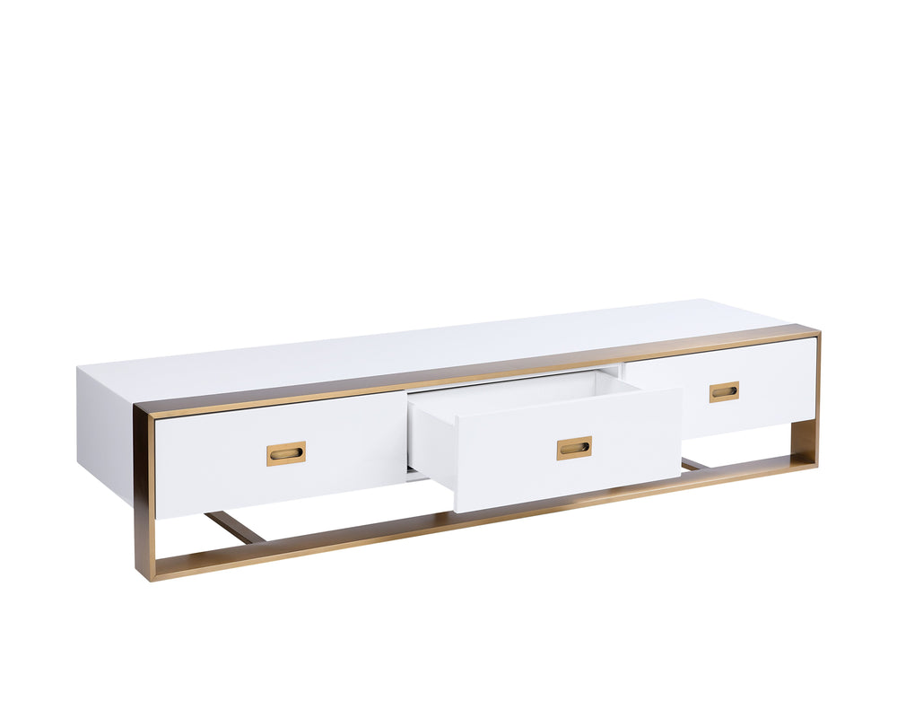 Sunpan Brielle Modern Media Console & Cabinet – High Gloss Cream Finish, Gold Hardware, Stylish Storage Solution