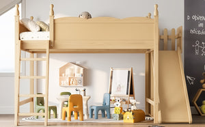 English Elm Queen Solid Pine Loft Bed with Wardrobe Shelves Detachable Slide and Dual Sleeping Zones Natural W5305S00027