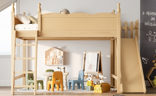English Elm Queen Solid Pine Loft Bed with Wardrobe Shelves Detachable Slide and Dual Sleeping Zones Natural W5305S00027