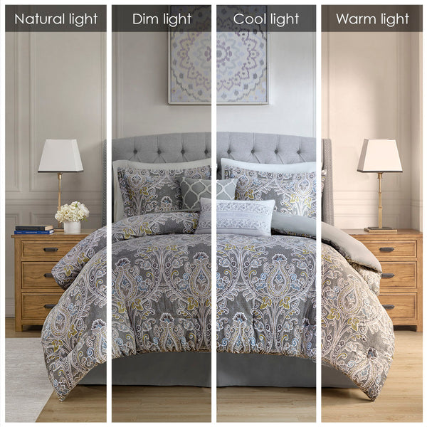 JLA Home Harbor House Blue - 6 Cotton Comforter Set with Oversized Overfilled Comforter, Damask Grey Sateen, OEKO-TEX Certified Luxury 96 L x 110 W x 1.5H HH10-1685