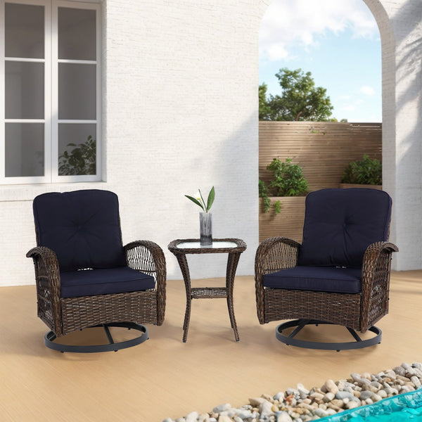 English Elm 3 Outdoor Swivel Rocker Patio Chairs Set with 360° Spin, Rocking Comfort, Tempered Glass Table, Durable Steel Frame and Plush Cushions Navy W640P263674