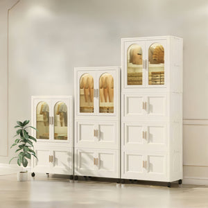 English Elm 25.59" Cream White Folding Wardrobe with Wheels, Magnetic Door, Durable PP, 1 Closet + 3 Boxes +10 Hangers W2873P239389
