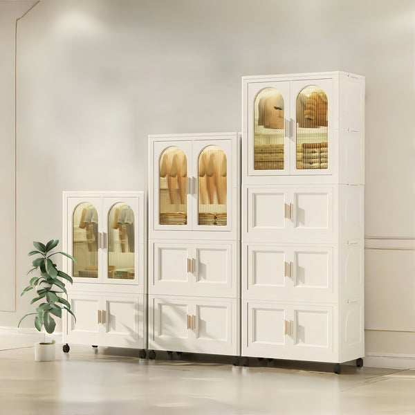 English Elm 25.59" Cream White Folding Wardrobe with Wheels, Magnetic Door, Durable PP, 1 Closet + 3 Boxes +10 Hangers W2873P239389