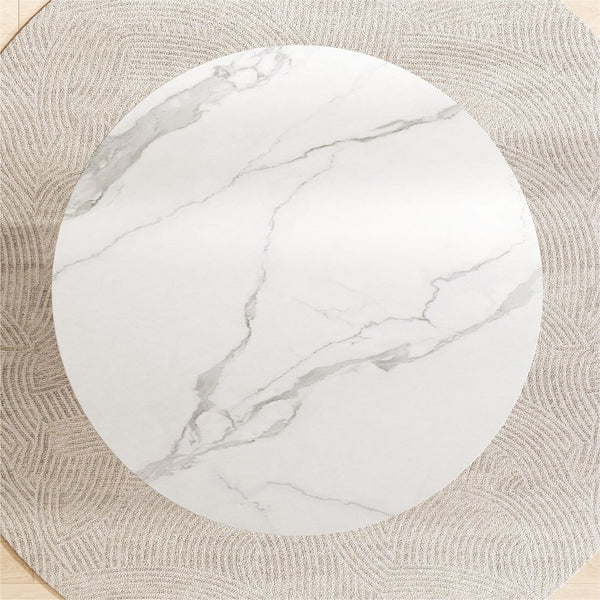 English Elm Modern 35.43 Inch Round Dining Table with Glossy Sintered Stone Top, Pleated PU Leather Iron Pedestal, Adjustable Feet for Stable Elegant White W3456S00055