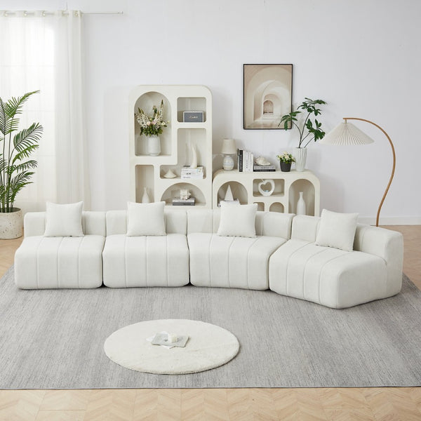 English Elm Chenille Modular Curved Sectional Sofa with Sculptural Piano Key Design and Four Throw Pillows Beige W834S00584