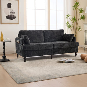 English Elm Modern chenille 2-seater sofa with LED lighting, USB charging, storage pocket, sturdy wood legs Black W395P318548