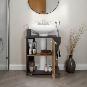 English Elm Wenge Dual-Tone Under-Sink Vanity with Natural Oak Shelves, Compact 2-Shelf Bathroom Storage Cabinet B062P389904
