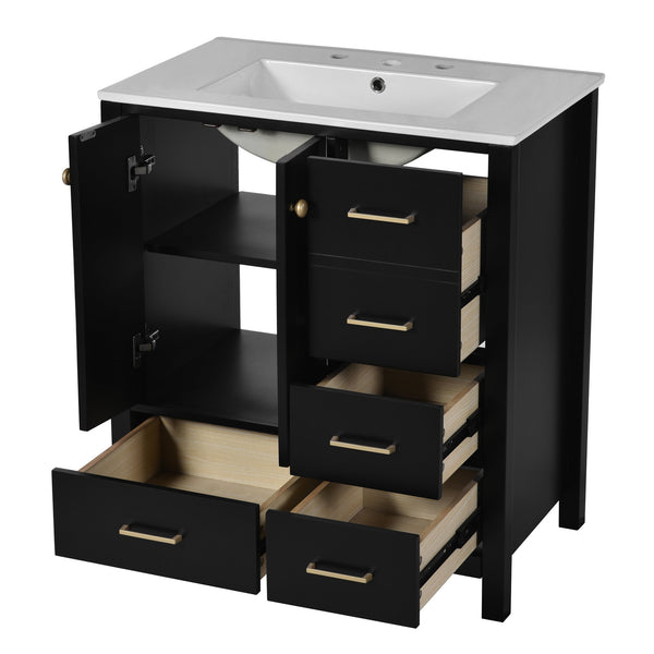 English Elm 30'' Elegant Freestanding Bathroom Vanity With Ceramic Sink, Soft-Close Drawers & Timeless Black Finish N710P194420B
