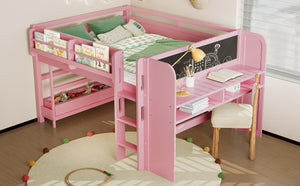 English Elm Twin Low Loft Bed Solid Pine Frame Kids Study Desk Blackboard Storage White Pink W1580S00300