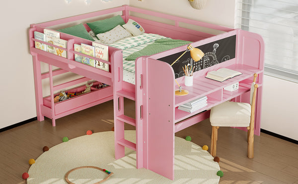 English Elm Twin Low Loft Bed Solid Pine Frame Kids Study Desk Blackboard Storage White Pink W1580S00300
