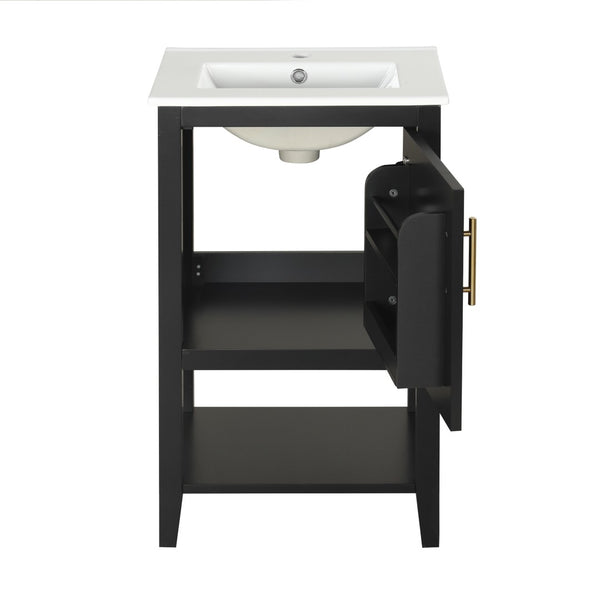 English Elm 20" Matte Freestanding Bathroom Vanity Rubberwood Cabinet Ceramic Sink Open Shelf Black N725P391115B