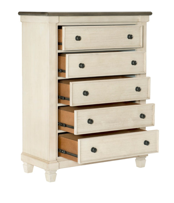 English Elm Transitional Rustic Five Drawer Chest Pine Oak Veneer Antique White Bedroom Storage B011P225155