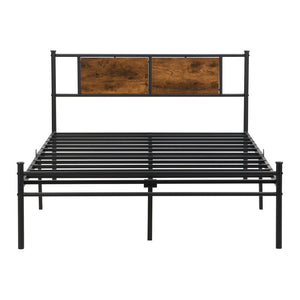 English Elm Queen Steel Bed Frame with Wood Panel Headboard Modern Matte Black Bedroom Design W2297P281498