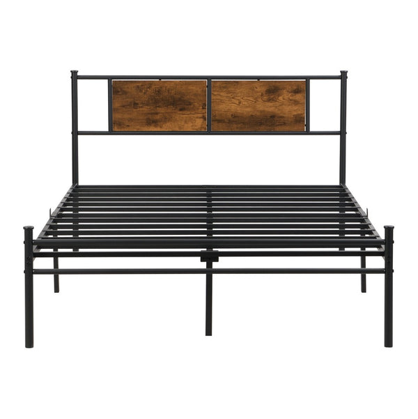 English Elm Queen Steel Bed Frame with Wood Panel Headboard Modern Matte Black Bedroom Design W2297P281497