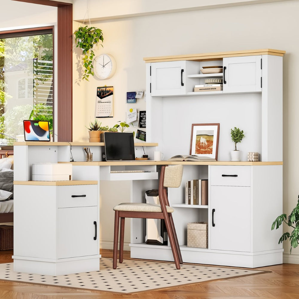 English Elm L-shaped Corner Computer Desk with Built-in Outlets Drawers and Open Shelving Storage W1580S00269