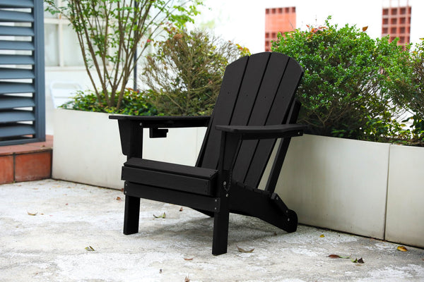 English Elm HDPE Folding Adirondack Chair with Dual Cup Holder, Weatherproof Wood-Texture Comfort & 350lb Capacity Black W2103P254568