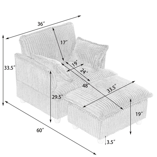 English Elm This single-seat corduroy sofa with ottoman and pillows — compact lounge chair for cozy reading nooks and naps Yellow W1658S00121