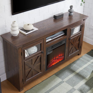English Elm 2 Door Farmhouse Entertainment Console with Built-in Electric Fireplace Barn Style Espresso W2275S00041