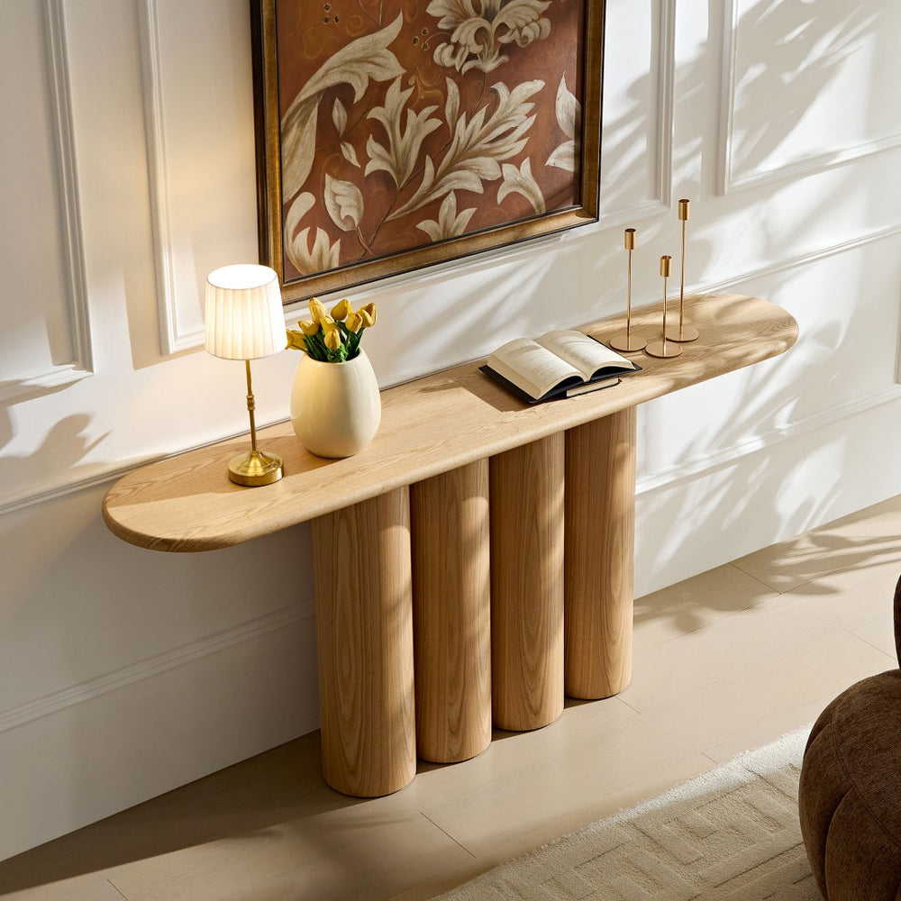 English Elm 66.93'' Slim Matte Console Table with Sculptural Cylinder Legs for Entryway or Foyer Natural W876S00338