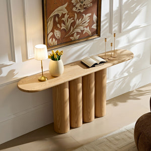 English Elm 66.93'' Slim Matte Console Table with Sculptural Cylinder Legs for Entryway or Foyer Natural W876S00338