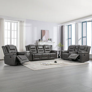 English Elm Home Theater Recliner Set Manual recliner with wide armrests, dual cup holders, durable PU upholstery, sturdy iron frame and foam comfort for living room and bedroom relaxation Grey SG001460AAE