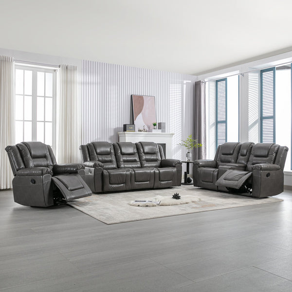 English Elm Home Theater Recliner Set Manual recliner with wide armrests, dual cup holders, durable PU upholstery, sturdy iron frame and foam comfort for living room and bedroom relaxation Grey SG001460AAE