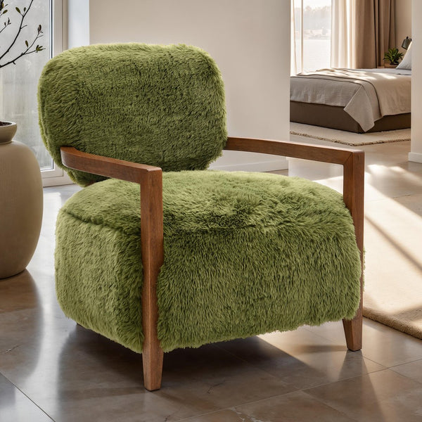 English Elm 1Pc Accent Chair - Plush Green Faux Fur With Walnut Arms, Cozy Contemporary Design For Any Room B2741P401374