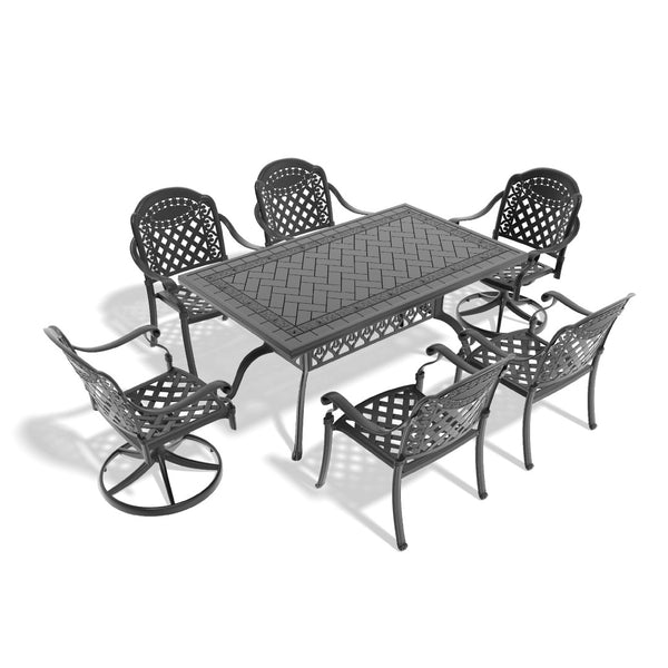 English Elm 7-piece Cast Aluminum Outdoor Dining Set with Swivel Chairs and Ornate Relief Detail W1710S00578