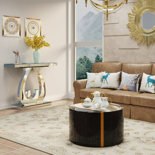 English Elm Modern Mirrored Console Table with Silver Double C Base for Entryway or Sofa W3836P382513