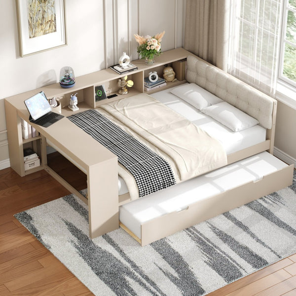 English Elm Wood Twin Platform Bed Linen Headboard Storage Shelves Trundle Charging Station Cream N709P004024C