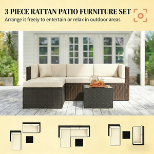 English Elm Comfortable Outdoor 3 Piece Pe Wicker Patio Set with Chaise Sofa and Glass Table Beige,Dark Brown T3971S00209