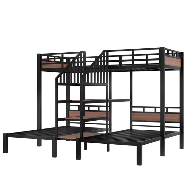English Elm Twin Triple Bunk Bed Black Metal Frame with Built-in Storage Stairs and Shelves W1580S00619
