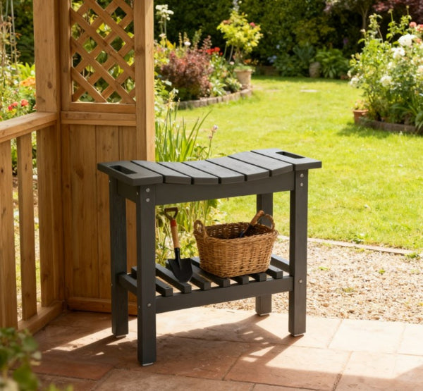 English Elm Shower Bench with Two Tier Storage Shelf Hdpe Wood Grain Finish for Bath or Poolside Dark Gray T3971P417793