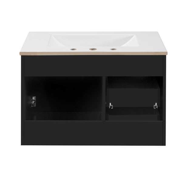 English Elm 30" Bathroom Vanity with Sink — Wall-Mounted Ceramic Basin, Soft-Close Storage, Floating Modern Design Black N710S324096B