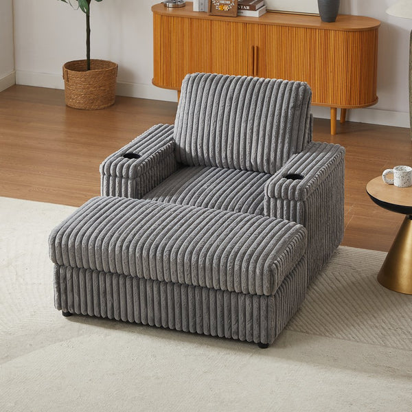 English Elm 42.5-inch corduroy single recliner with cup holder, storage ottoman, plush back pillow for lounging Grey W834P375123